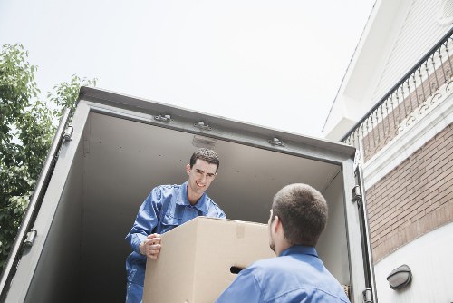 Office furniture and boxes arranged for a small business move